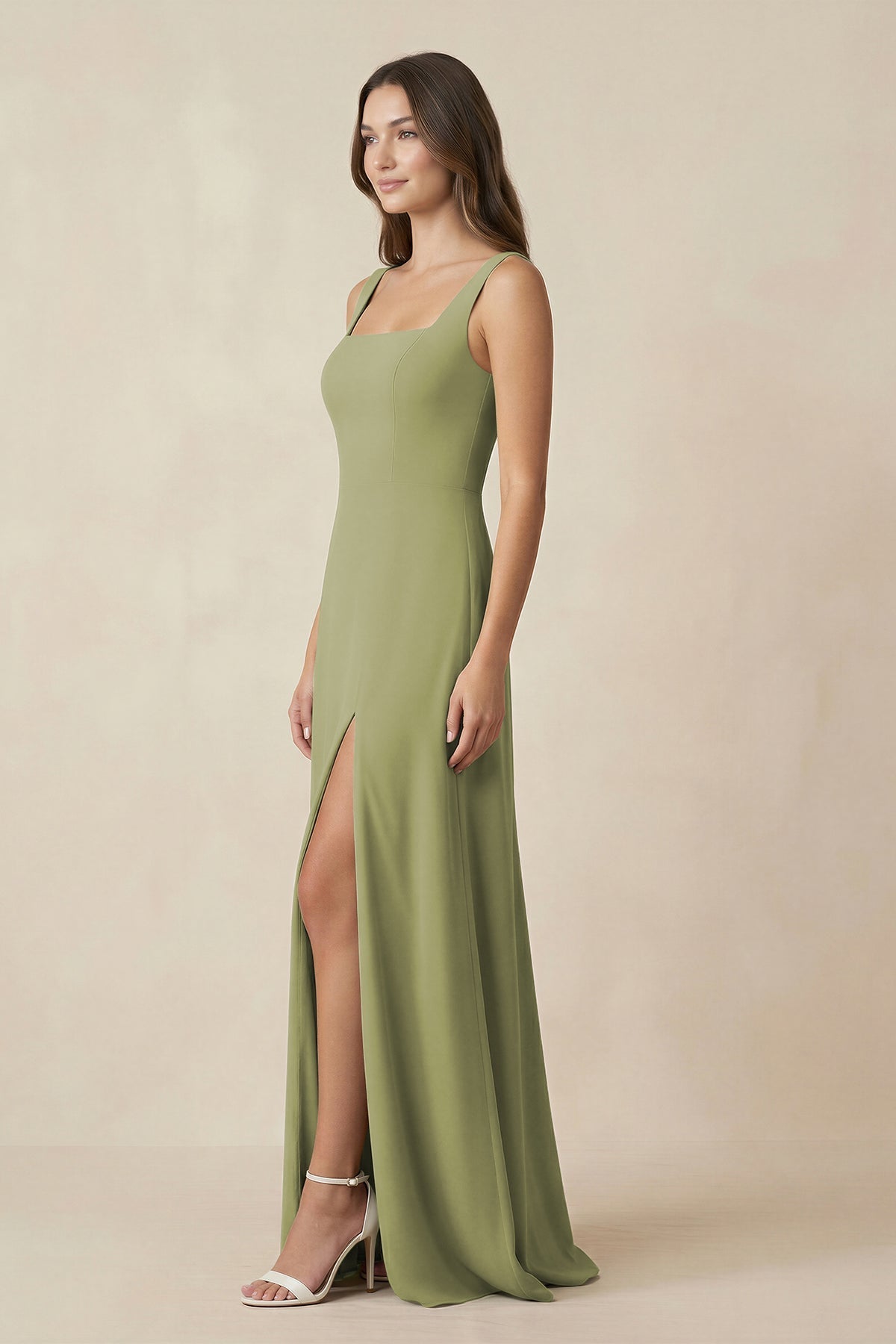 Square Neck A-Line Bridesmaid Dress With Slit in Moss Green