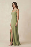 Square Neck A-Line Bridesmaid Dress With Slit in Moss Green