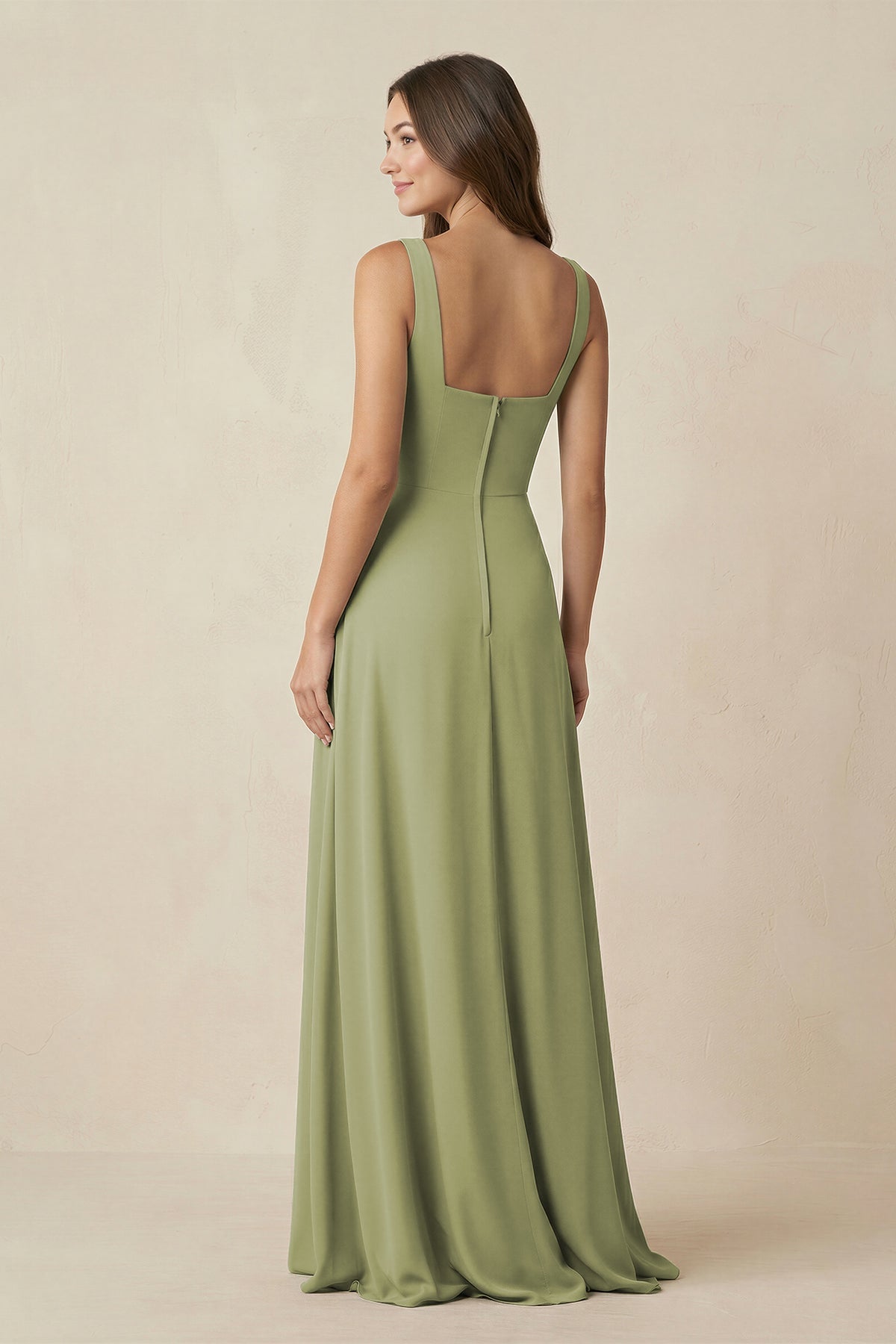 Square Neck A-Line Bridesmaid Dress With Slit in Moss Green