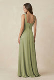 Square Neck A-Line Bridesmaid Dress With Slit in Moss Green