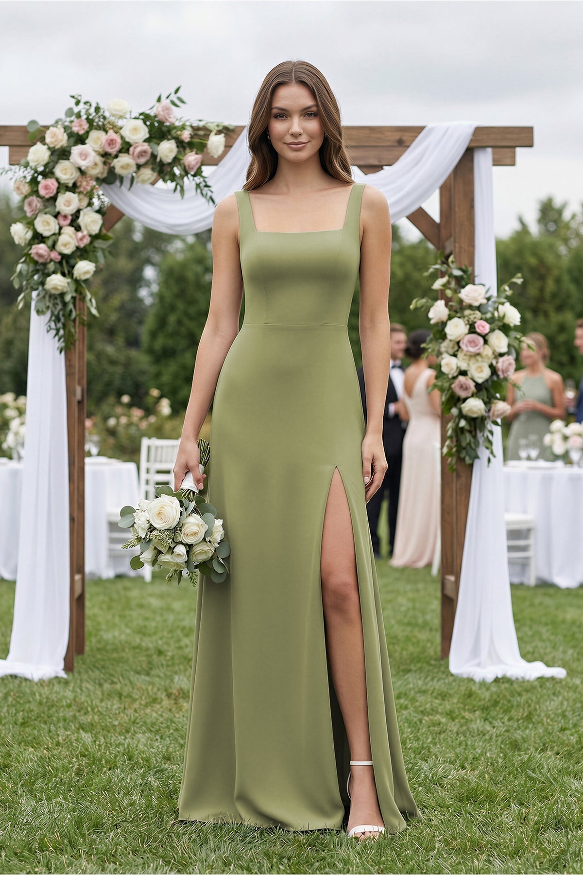 Square Neck A-Line Bridesmaid Dress With Slit in Moss Green