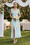 Square Neck A-Line Chiffon Midi Bridesmaid Dress with Bow in Sky Blue