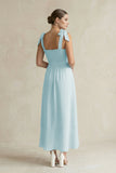 Square Neck A-Line Chiffon Midi Bridesmaid Dress with Bow in Sky Blue