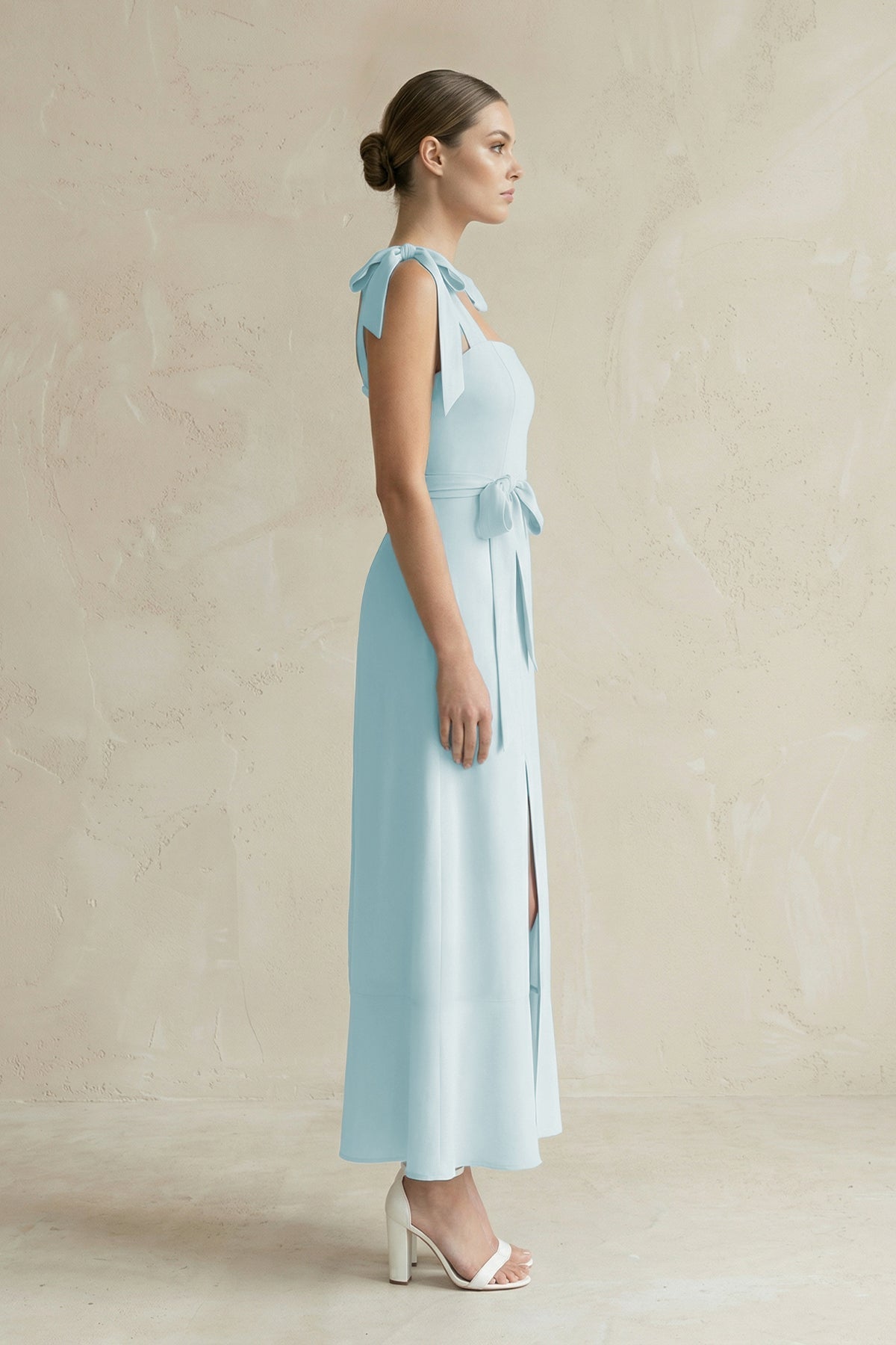 Square Neck A-Line Chiffon Midi Bridesmaid Dress with Bow in Sky Blue