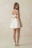 Square Neck A-Line Satin Mini Wedding Dress With Bow in Ivory