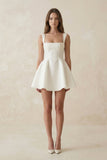 Square Neck A-Line Satin Mini Wedding Dress With Bow in Ivory
