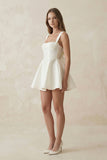Square Neck A-Line Satin Mini Wedding Dress With Bow in Ivory