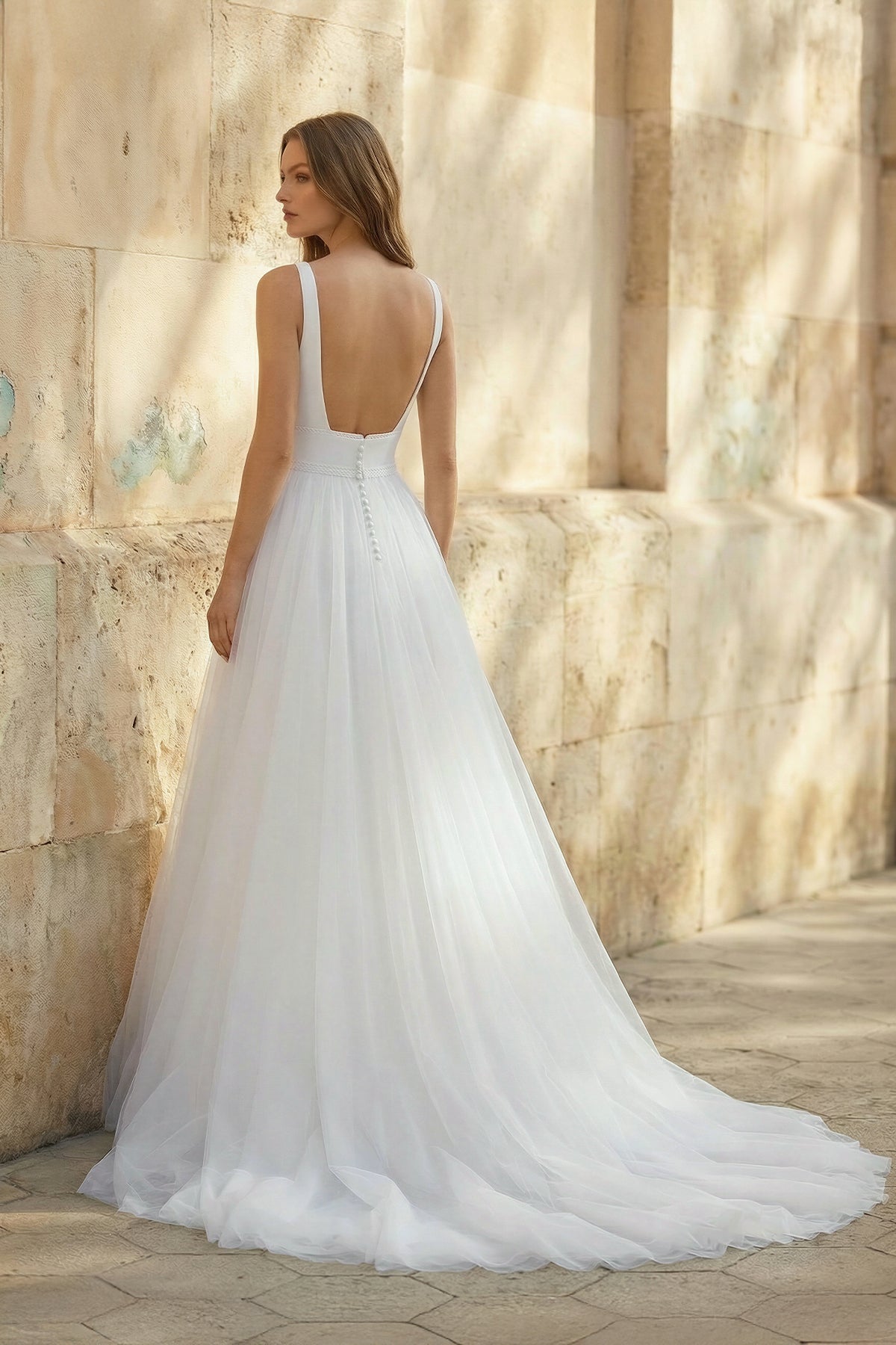 Simple A-Line Minimalist Casual Square Tulle Wedding Dress with Sweep Train