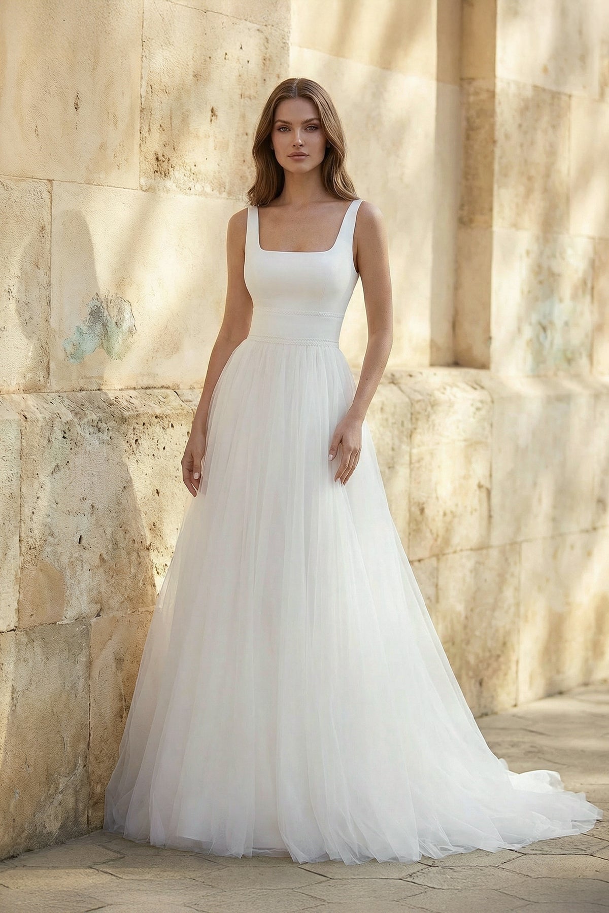 Simple A-Line Minimalist Casual Square Tulle Wedding Dress with Sweep Train