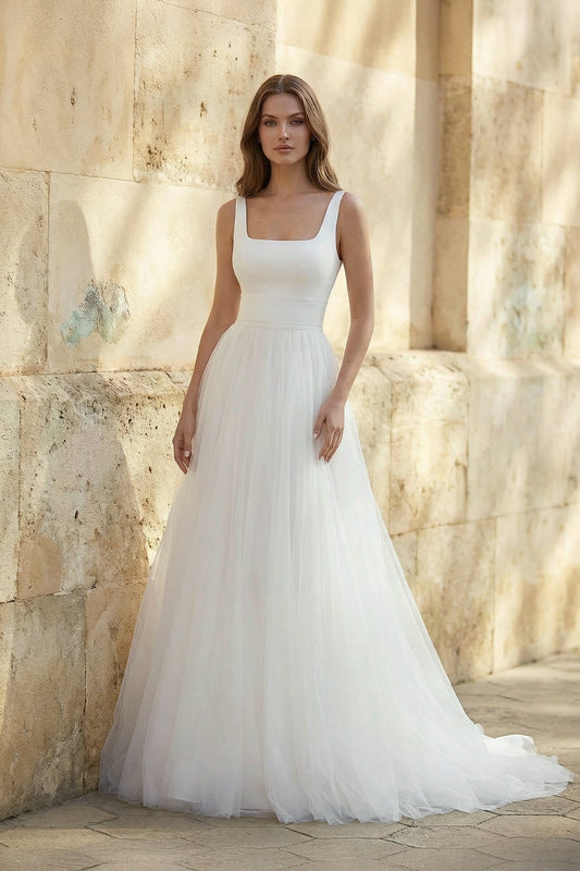 Simple A-Line Minimalist Casual Square Tulle Wedding Dress with Sweep Train
