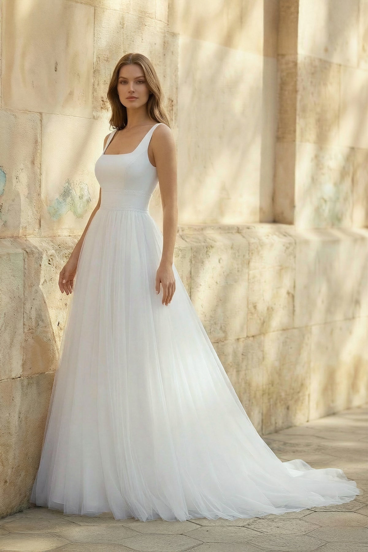 Simple A-Line Minimalist Casual Square Tulle Wedding Dress with Sweep Train