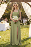 Square Neck Chiffon A-Line Bridesmaid Dress With Bow in Moss Green