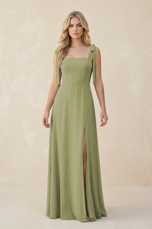Square Neck Chiffon A-Line Bridesmaid Dress With Bow in Moss Green