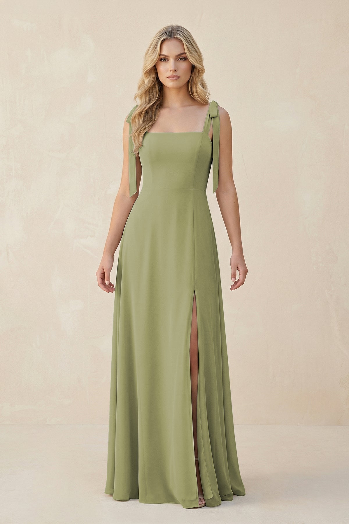 Square Neck Chiffon A-Line Bridesmaid Dress With Bow in Moss Green