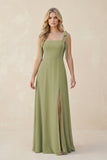 Square Neck Chiffon A-Line Bridesmaid Dress With Bow in Moss Green