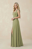 Square Neck Chiffon A-Line Bridesmaid Dress With Bow in Moss Green