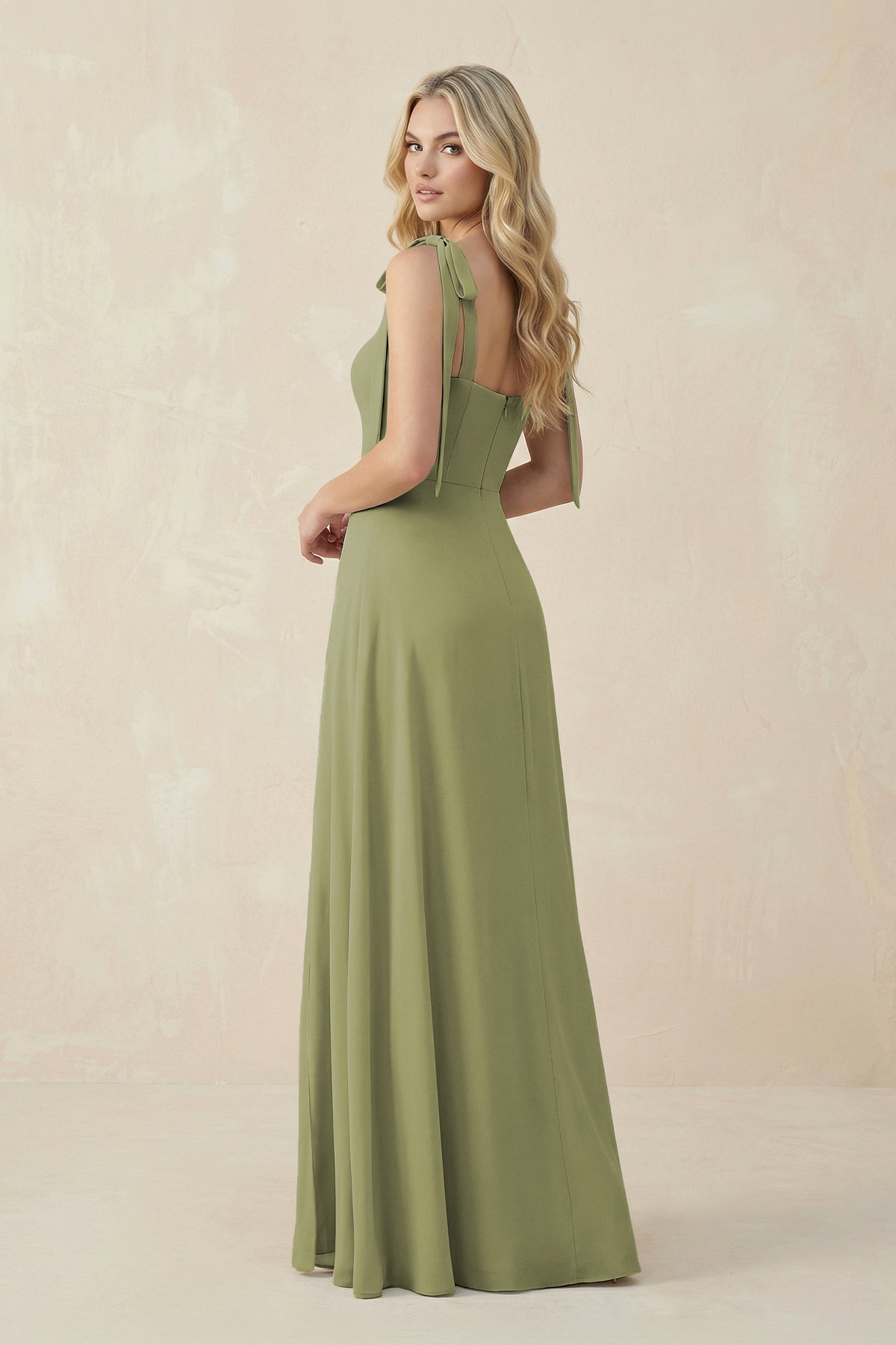 Square Neck Chiffon A-Line Bridesmaid Dress With Bow in Moss Green