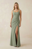 Square Neck Ruched Sheath Satin Bridesmaid Dress in Dove Gray