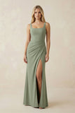 Square Neck Ruched Sheath Satin Bridesmaid Dress in Dove Gray