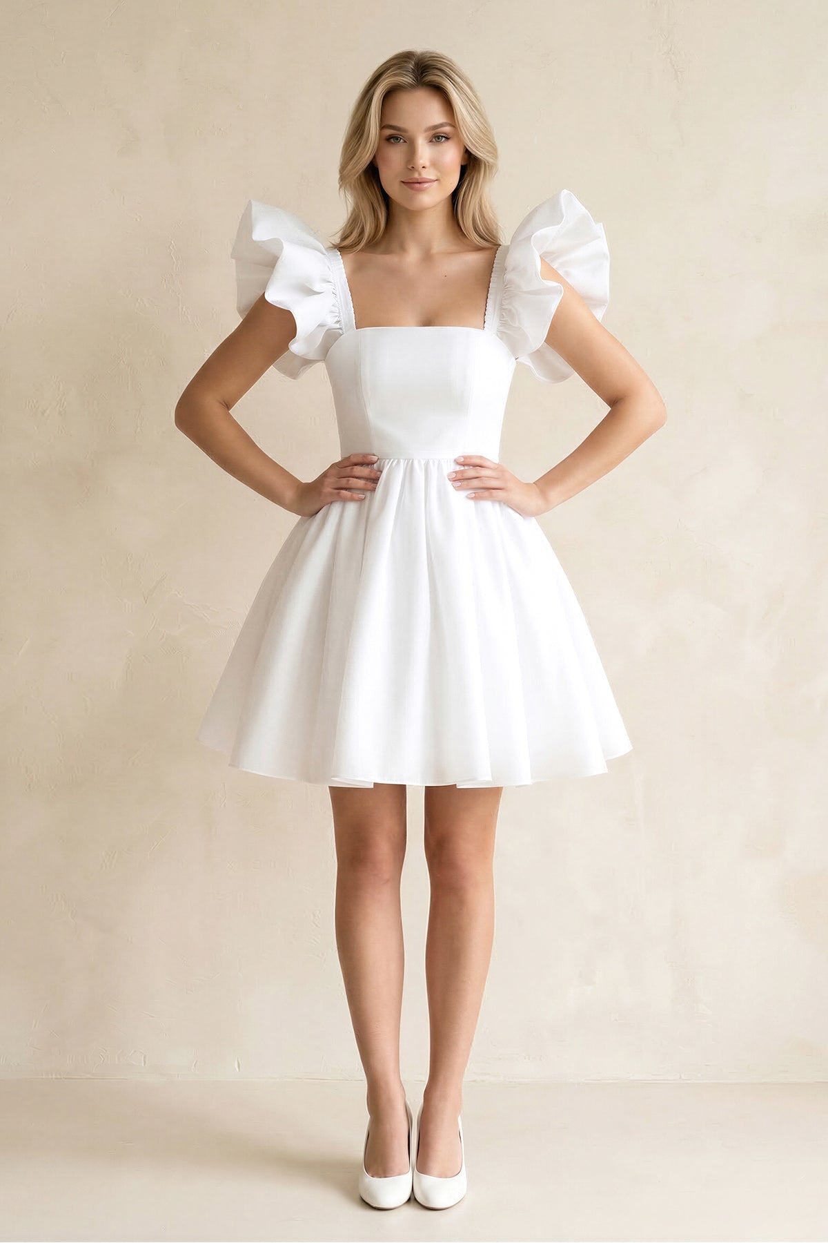 Square Neck Ruffled Sleeves A-Line Satin Wedding Dress in White