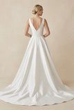 Square Neck Satin A-Line Ruched Wedding Dress in White