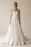 Square Neck Satin A-Line Ruched Wedding Dress in White