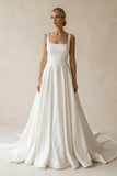 Square Neck Satin A-Line Ruched Wedding Dress in White