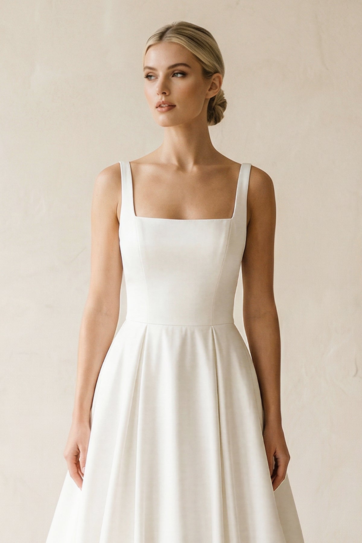 Square Neck Satin A-Line Ruched Wedding Dress in White