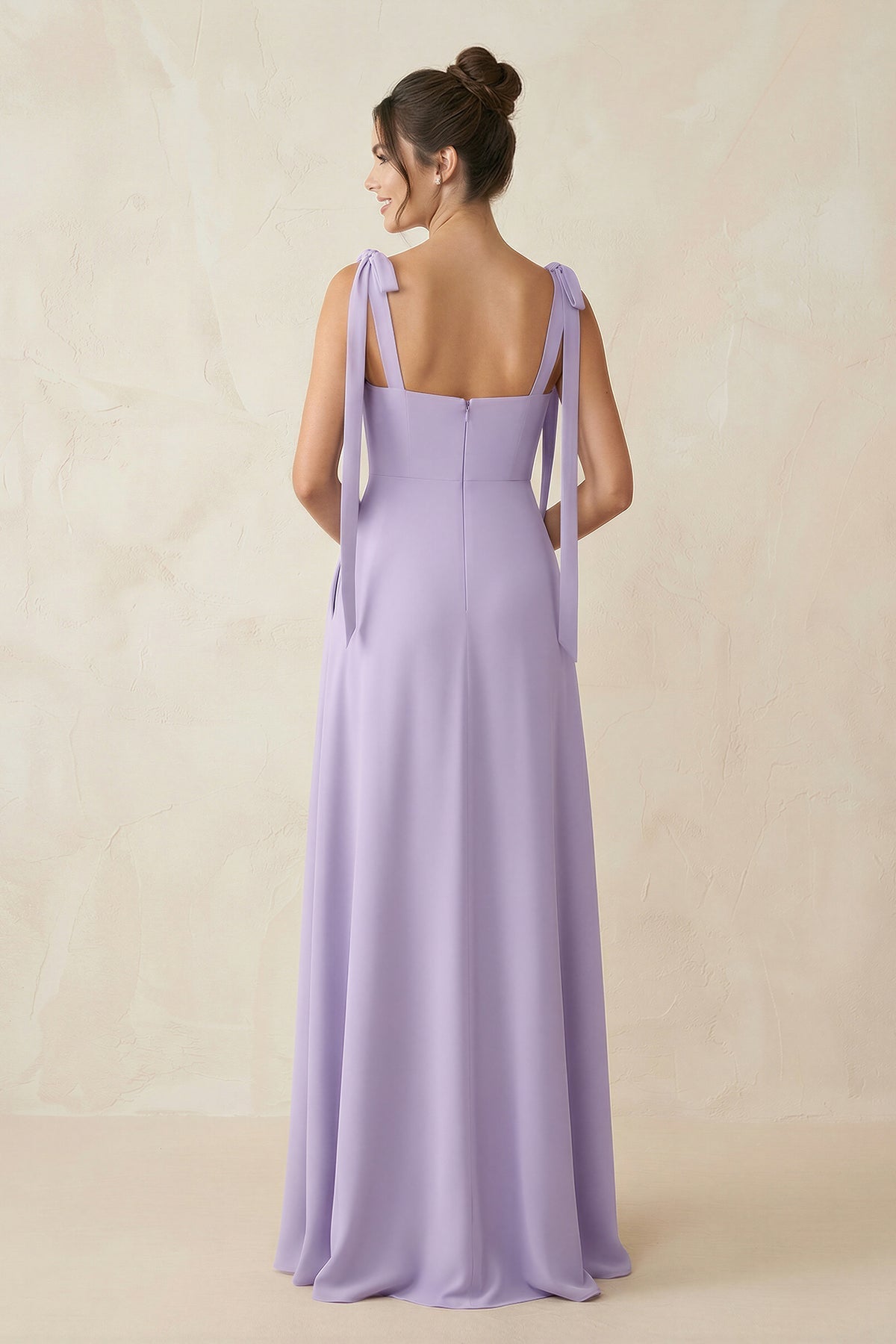Square Neck Sheath Chiffon Bridesmaid Dress with Bow in Lavender