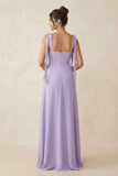 Square Neck Sheath Chiffon Bridesmaid Dress with Bow in Lavender