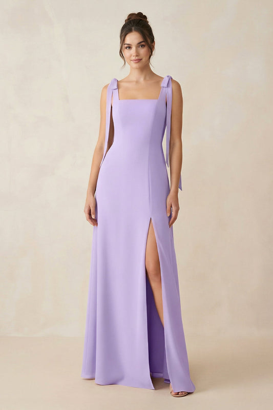 Square Neck Sheath Chiffon Bridesmaid Dress with Bow in Lavender