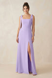 Square Neck Sheath Chiffon Bridesmaid Dress with Bow in Lavender