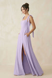 Square Neck Sheath Chiffon Bridesmaid Dress with Bow in Lavender