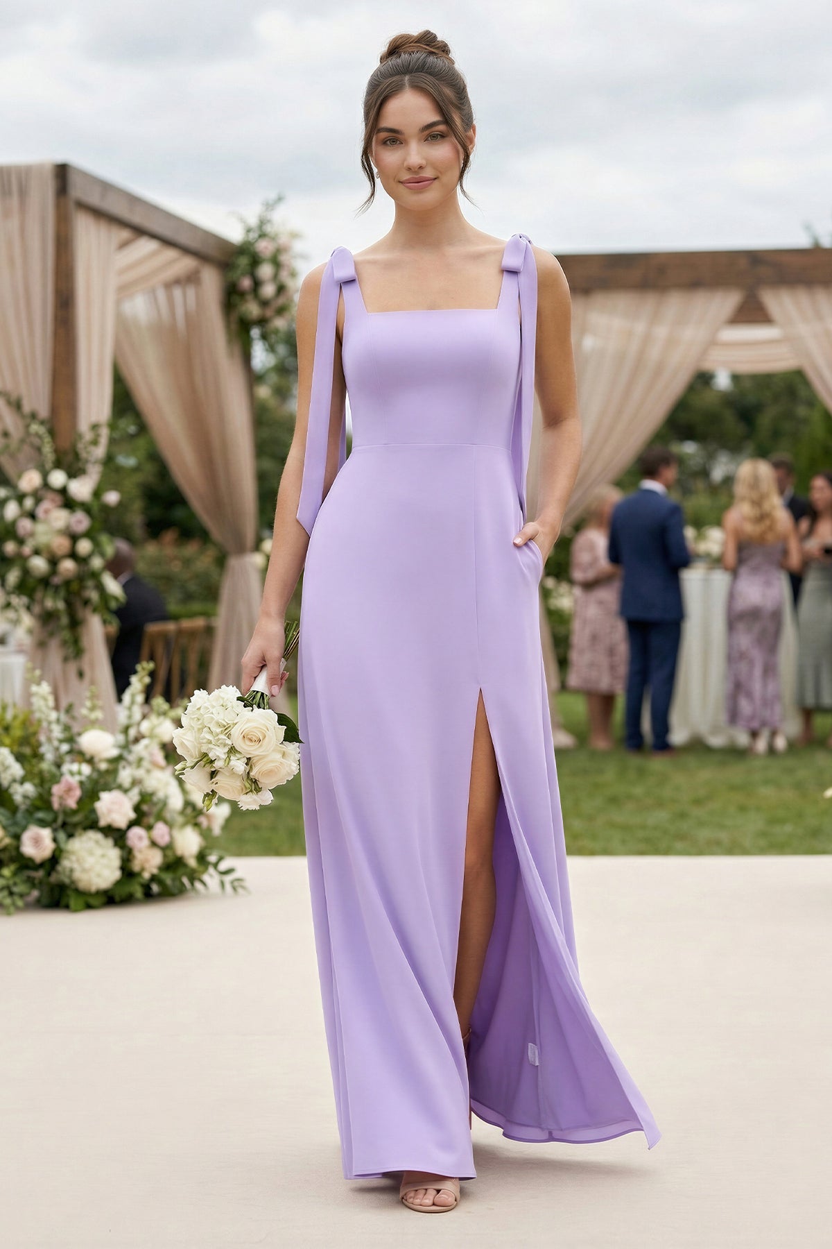 Square Neck Sheath Chiffon Bridesmaid Dress with Bow in Lavender