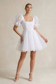 Square Neck Tulle Puff Sleeve A-Line Wedding Dress in White