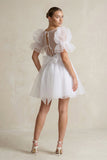 Square Neck Tulle Puff Sleeve A-Line Wedding Dress in White