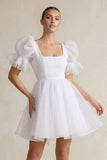 Square Neck Tulle Puff Sleeve A-Line Wedding Dress in White