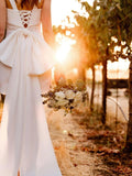 Square Neck White Satin Short Wedding Dress with Bow Back and Veil