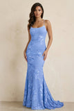 Sky Blue Spaghetti Straps Mermaid Tulle Long Prom Dresses With Appliques