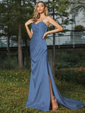 Sheath/Column Silk like Satin Ruched Sweetheart Sleeveless Sweep/Brush Train Bridesmaid Dresses Evening Dress