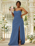 Sheath/Column Silk like Satin Ruched Sweetheart Sleeveless Sweep/Brush Train Bridesmaid Dresses Evening Dress