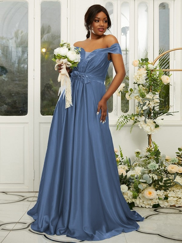 A-Line/Princess Silk like Satin Ruffles Off-the-Shoulder Sleeveless Sweep/Brush Train Bridesmaid Dresses Evening Dress