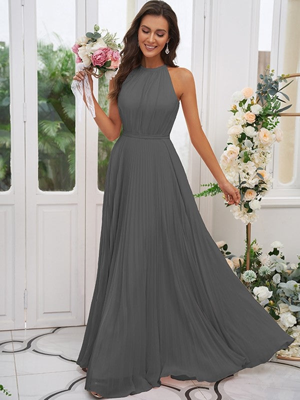 A-Line/Princess Chiffon Ruffles Halter Sleeveless Floor-Length Bridesmaid Dresses Evening Dress