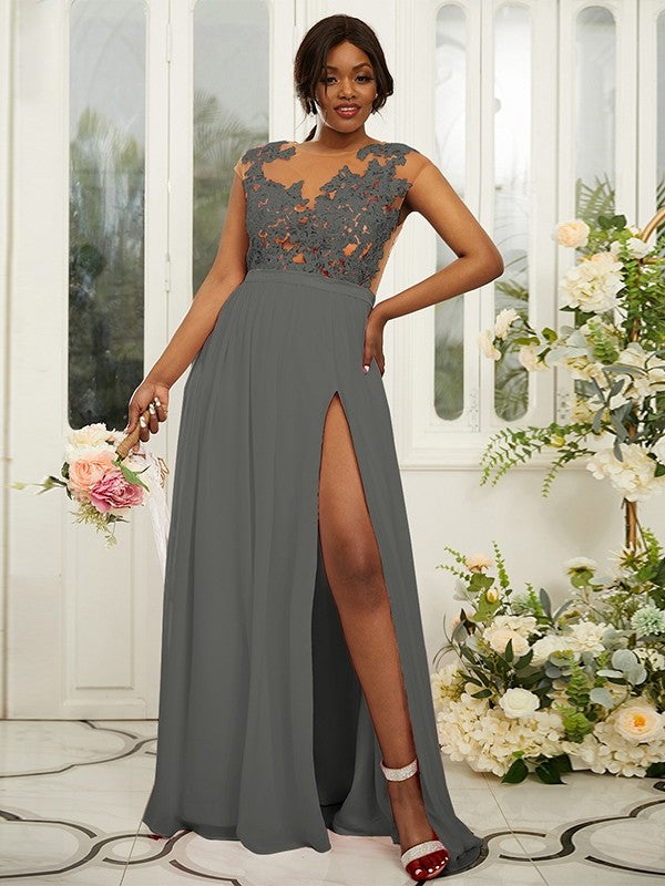 A-Line/Princess Chiffon Applique Scoop Sleeveless Floor-Length Bridesmaid Dresses Evening Prom Dress