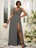 A-Line/Princess Chiffon Applique Scoop Sleeveless Floor-Length Bridesmaid Dresses Evening Prom Dress