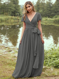 A-Line/Princess Chiffon Ruffles V-neck Short Sleeves Floor-Length Bridesmaid Dresses Evening Prom Dress
