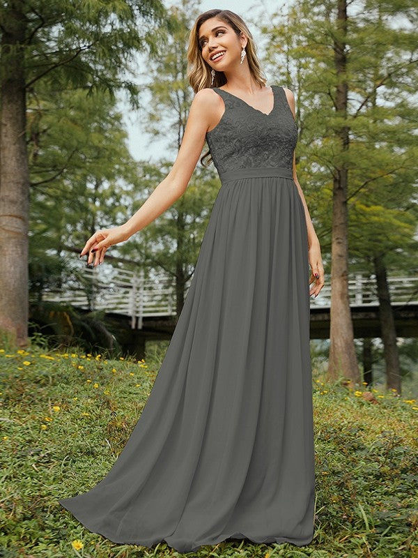 A-Line/Princess Chiffon Lace V-neck Sleeveless Floor-Length Bridesmaid Dresses Evening Prom Dress