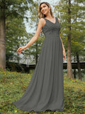 A-Line/Princess Chiffon Lace V-neck Sleeveless Floor-Length Bridesmaid Dresses Evening Prom Dress