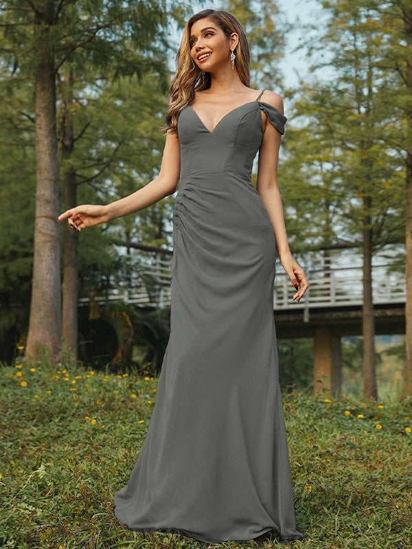 Sheath/Column Chiffon Ruched V-neck Sleeveless Floor-Length Bridesmaid Dresses Evening Dress