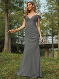 Sheath/Column Chiffon Ruched V-neck Sleeveless Floor-Length Bridesmaid Dresses Evening Dress